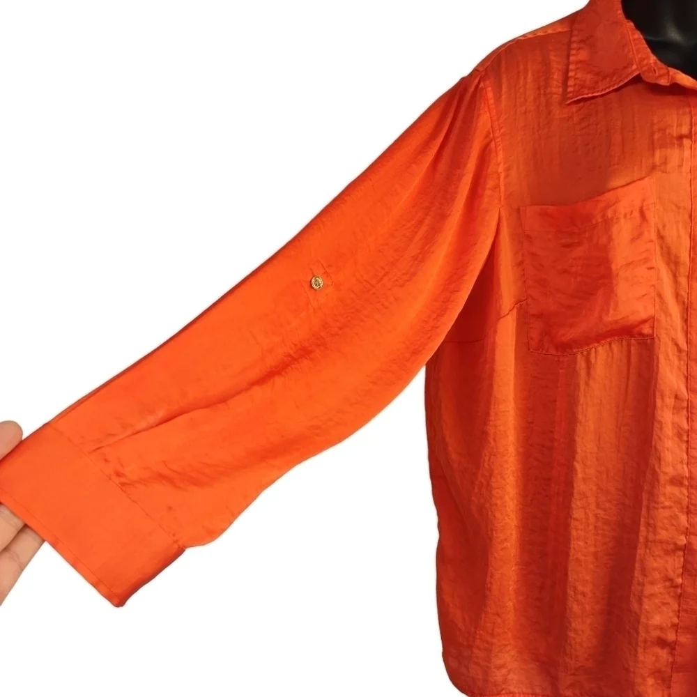 Michael Kors Women's Orange Roll-up Tan Sleeve Button Up Shirt Sz OX